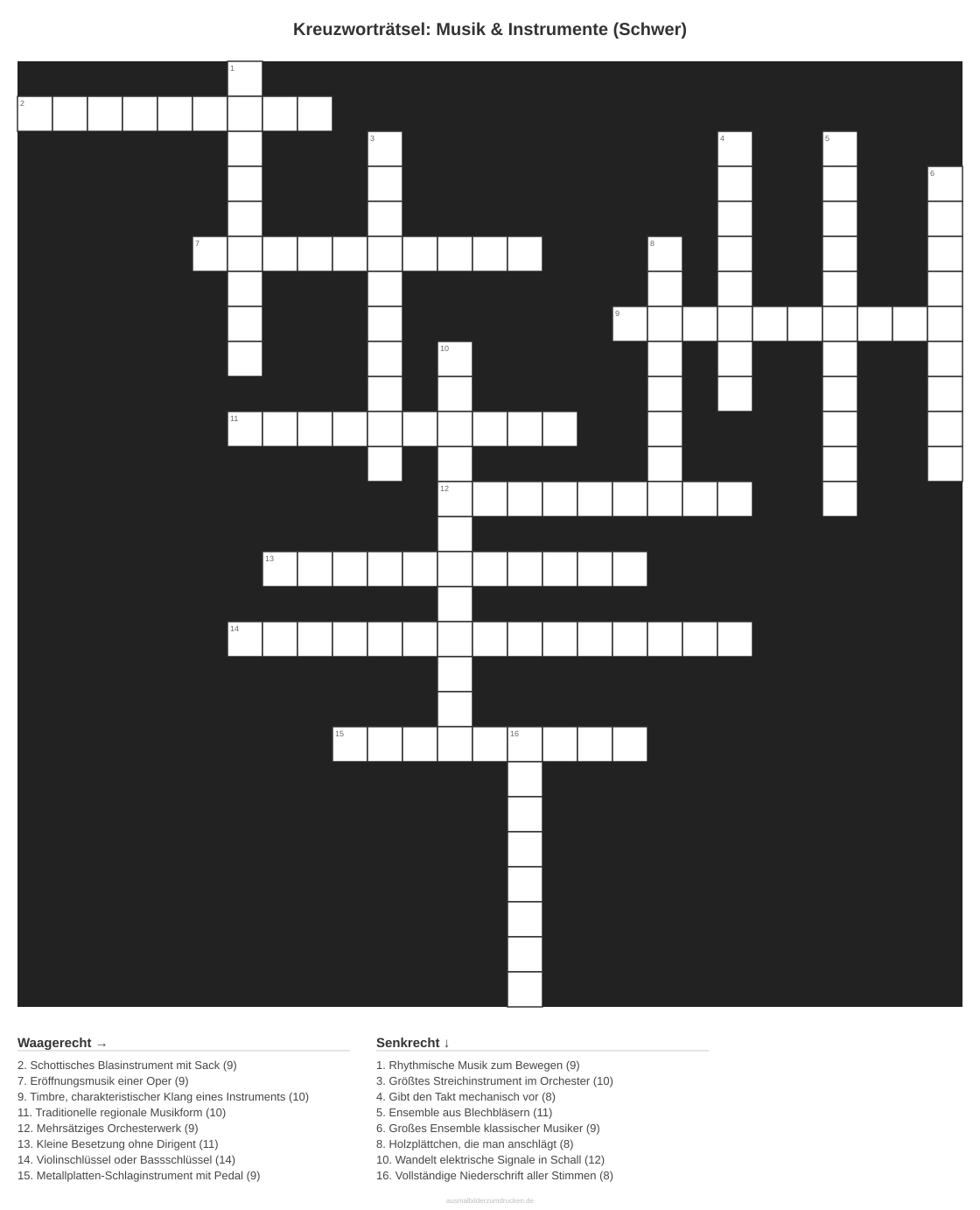 Kreuzworträtsel Kreuzworträtsel: Musik & Instrumente (Schwer) aus der Kategorie Musik - kostenlos ausdrucken