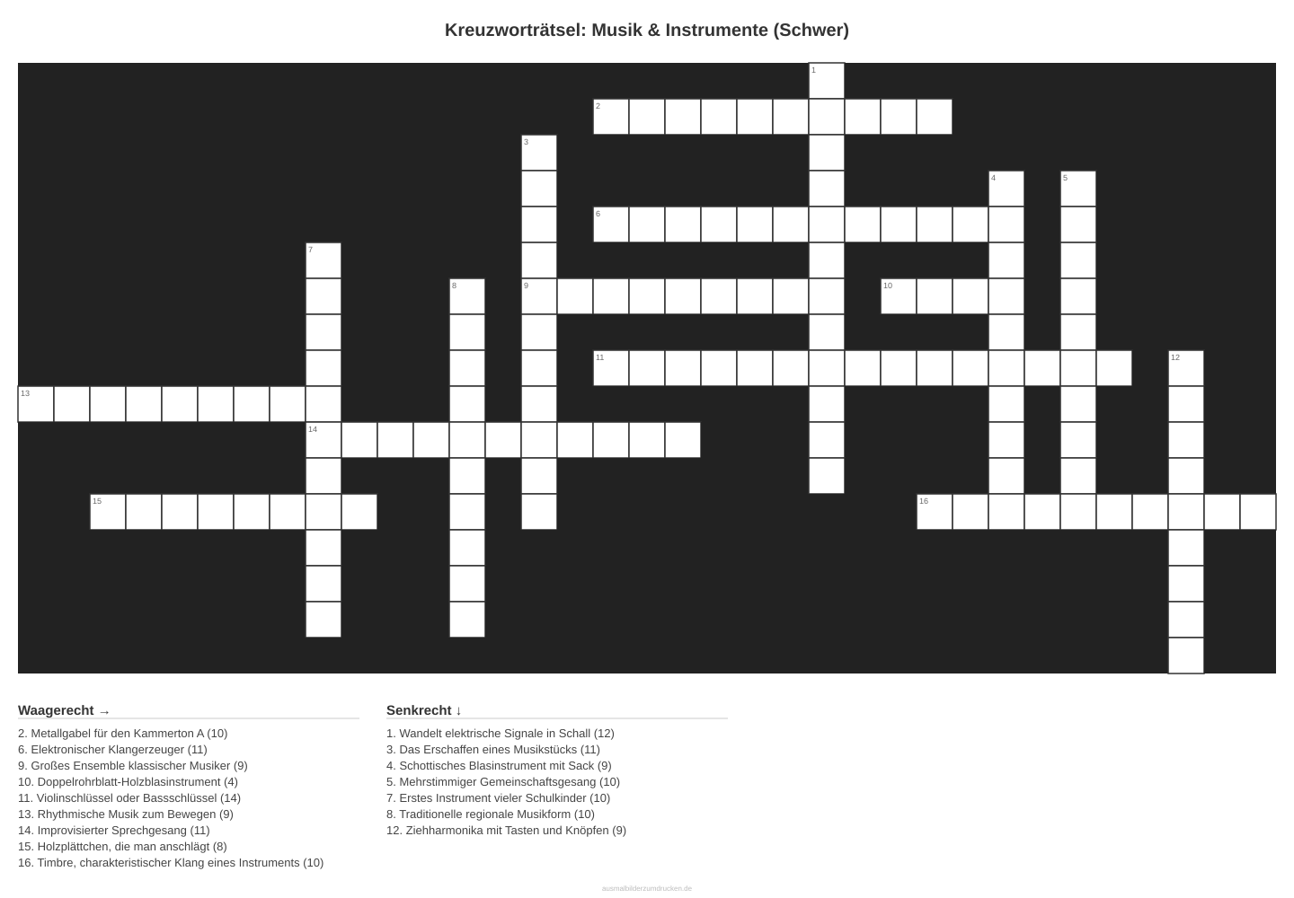 Kreuzworträtsel Kreuzworträtsel: Musik & Instrumente (Schwer) aus der Kategorie Musik - kostenlos ausdrucken
