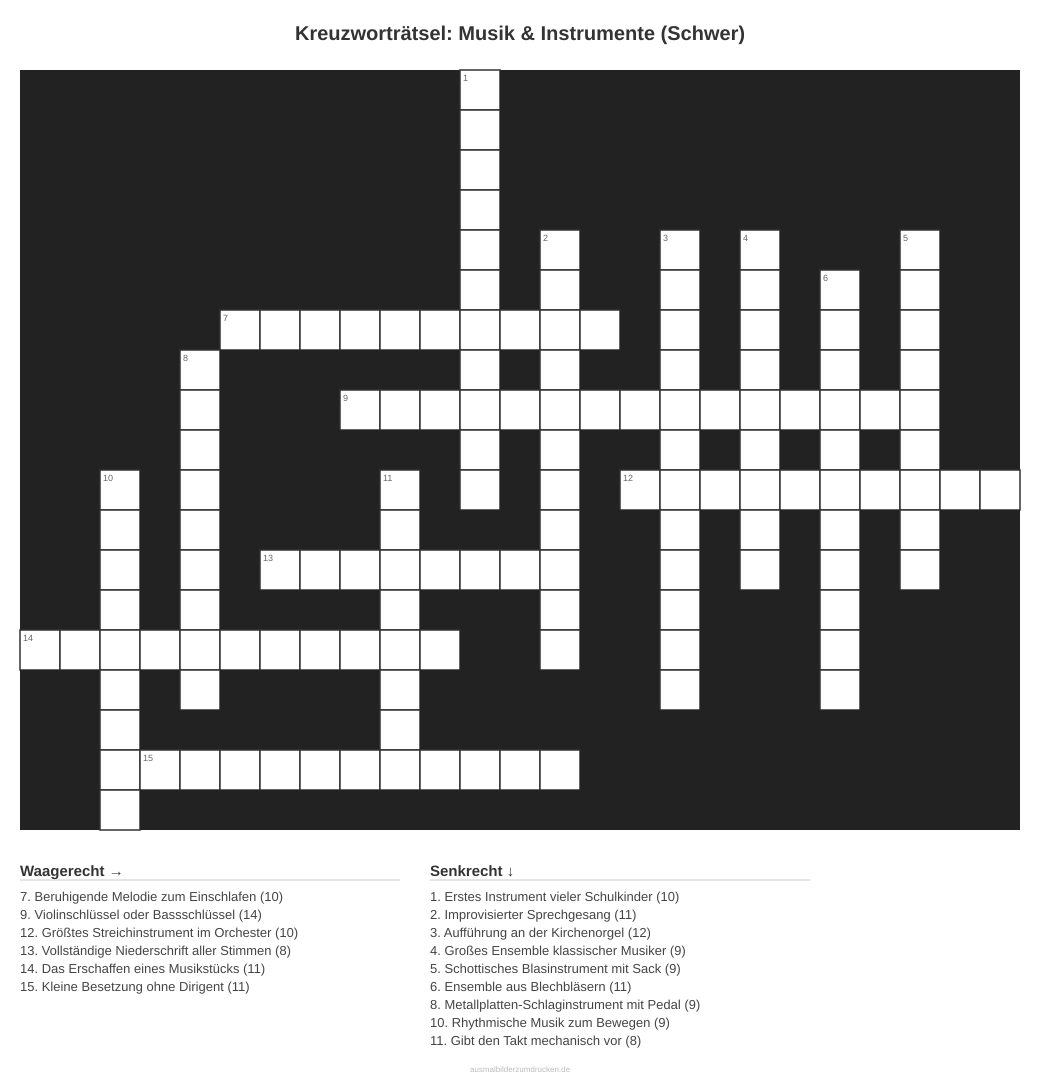 Kreuzworträtsel Kreuzworträtsel: Musik & Instrumente (Schwer) aus der Kategorie Musik - kostenlos ausdrucken