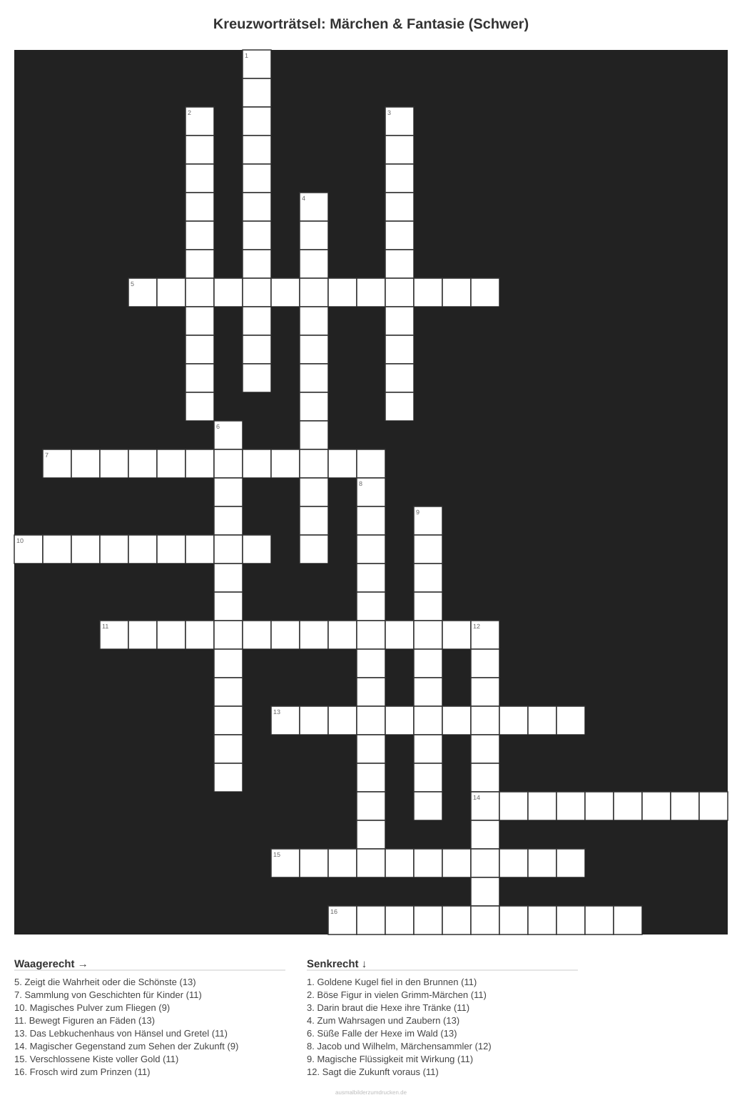 Kreuzworträtsel Kreuzworträtsel: Märchen & Fantasie (Schwer) aus der Kategorie Märchen - kostenlos ausdrucken