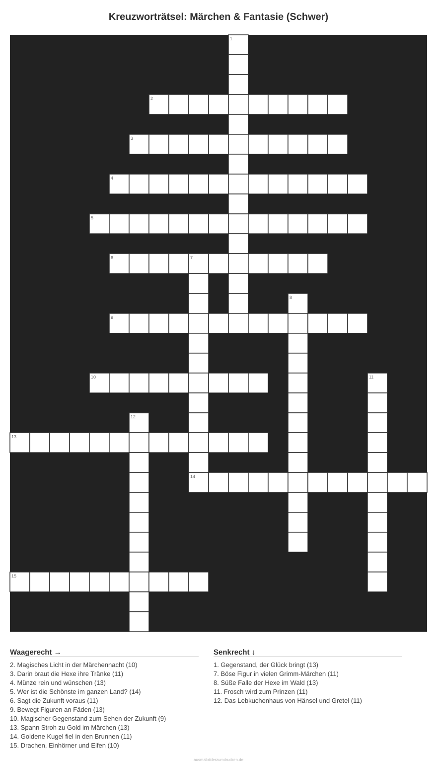 Kreuzworträtsel Kreuzworträtsel: Märchen & Fantasie (Schwer) aus der Kategorie Märchen - kostenlos ausdrucken