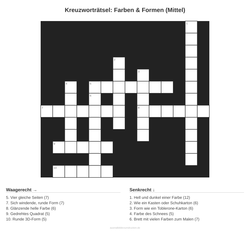Kreuzworträtsel Kreuzworträtsel: Farben & Formen (Mittel) aus der Kategorie Farben - kostenlos ausdrucken